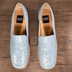 GLACÉE Light Blue Leather Loafers Women's 8.5 Slip On Comfort Wood Heel Shoes